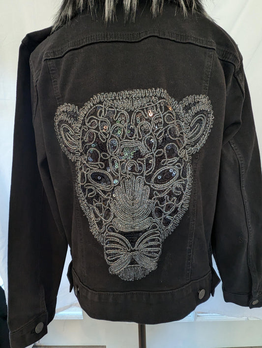 Custom Black Denim Jacket W/ Beaded and Sequins Black Panther & Faux Fur Collar