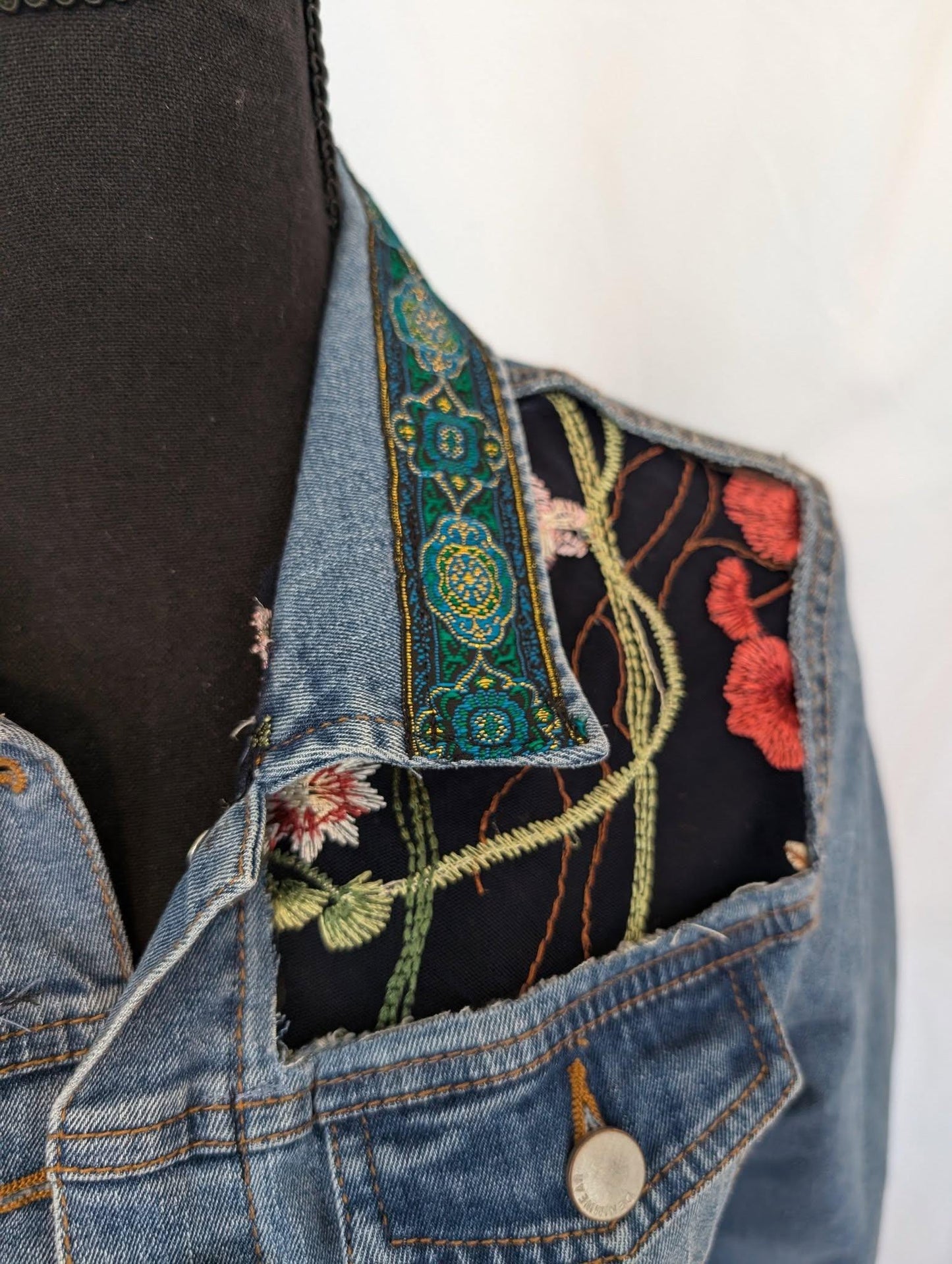 Custom Designed Denim Jacket Floral Design on Embroidered Sheer Tule Cut Out Panels