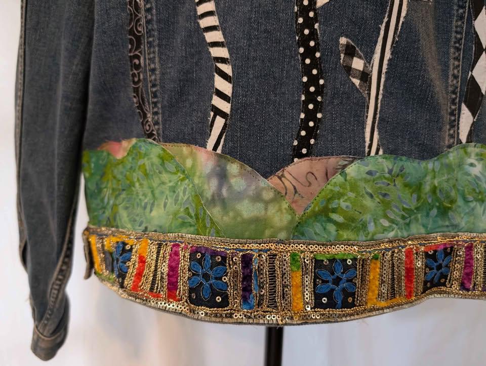 Custom Designed Denim Jacket W/ Colorful Raw Edge Applique Flowers - One of a Kind!