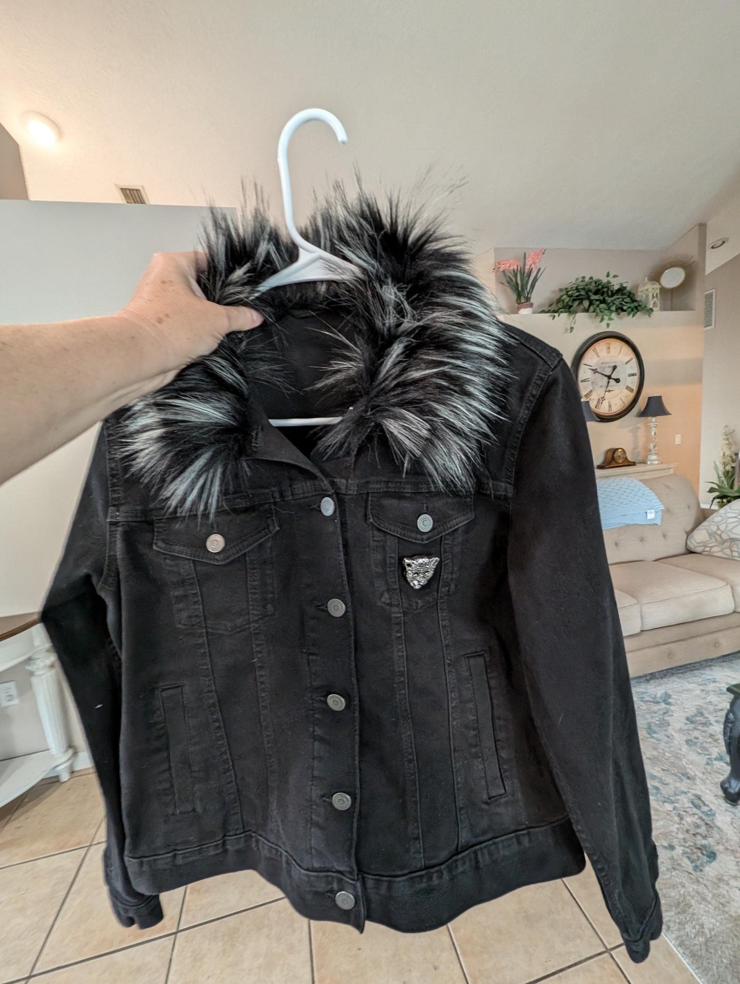 Custom Black Denim Jacket W/ Beaded and Sequins Black Panther & Faux Fur Collar