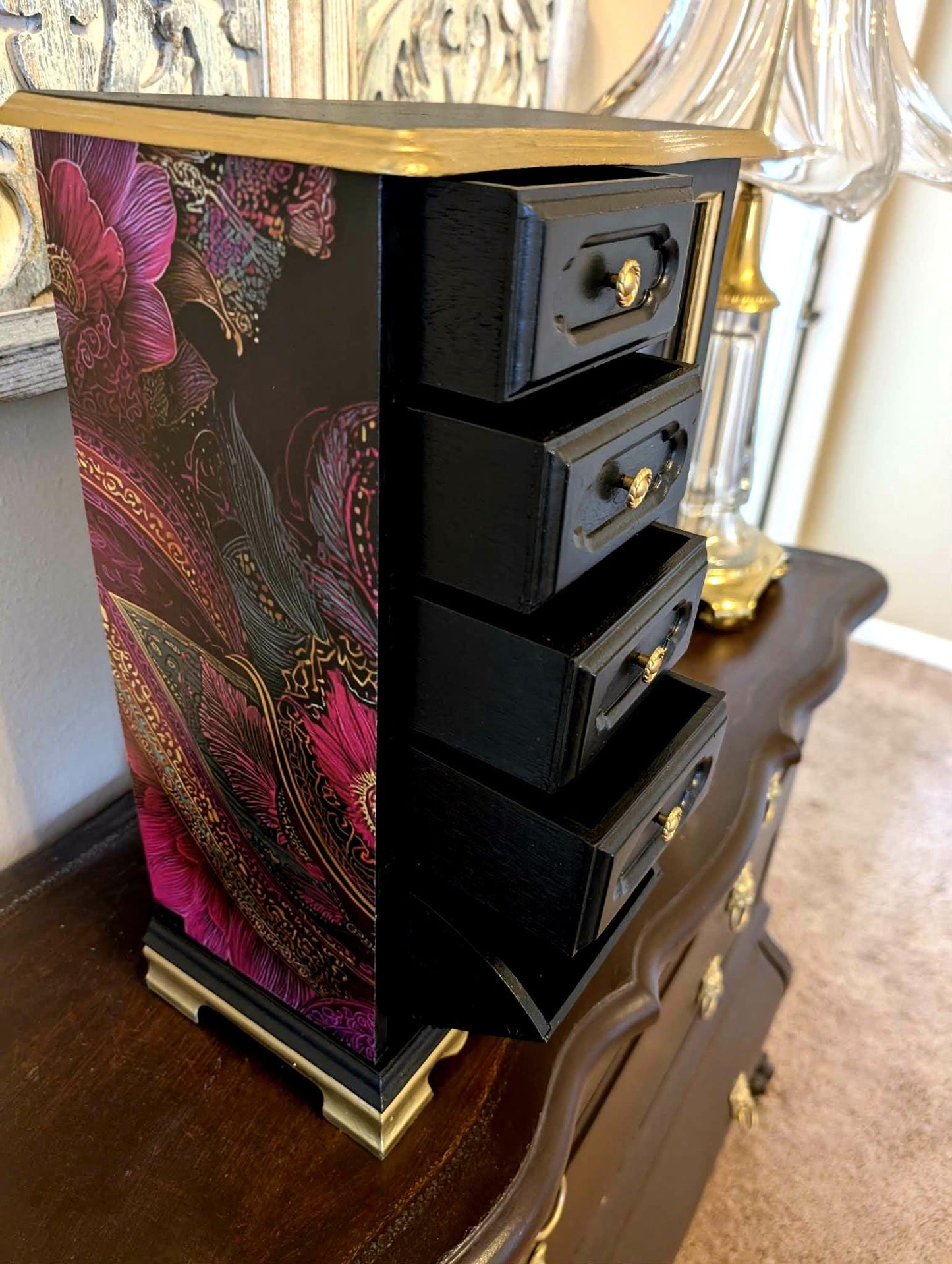 Vintage One of a Kind Boho Bohemian Tabletop Black & Paisley XL Jewelry Box