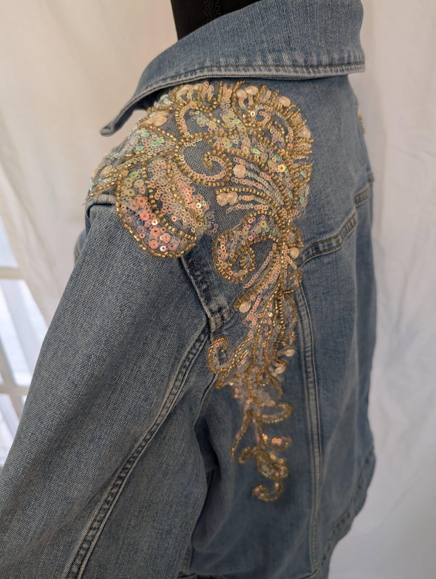 Custom Designed Vintage Levis Denim Jean Jacket W/ Sequin Panels - One of a kind!