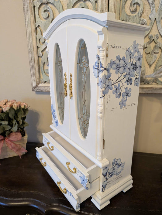 Vintage Custom Hand Painted French Country Tabletop Blue, White & Gold XL Jewelry Box