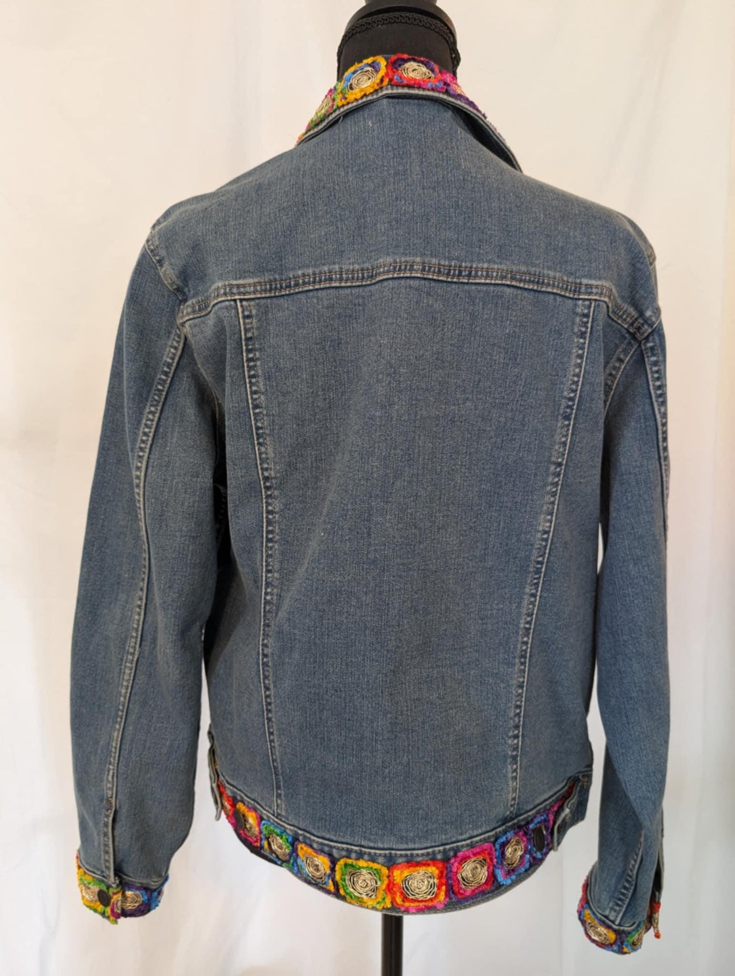 Custom Denim Jacket, Size L, Rhinestone Chameleon Brooch