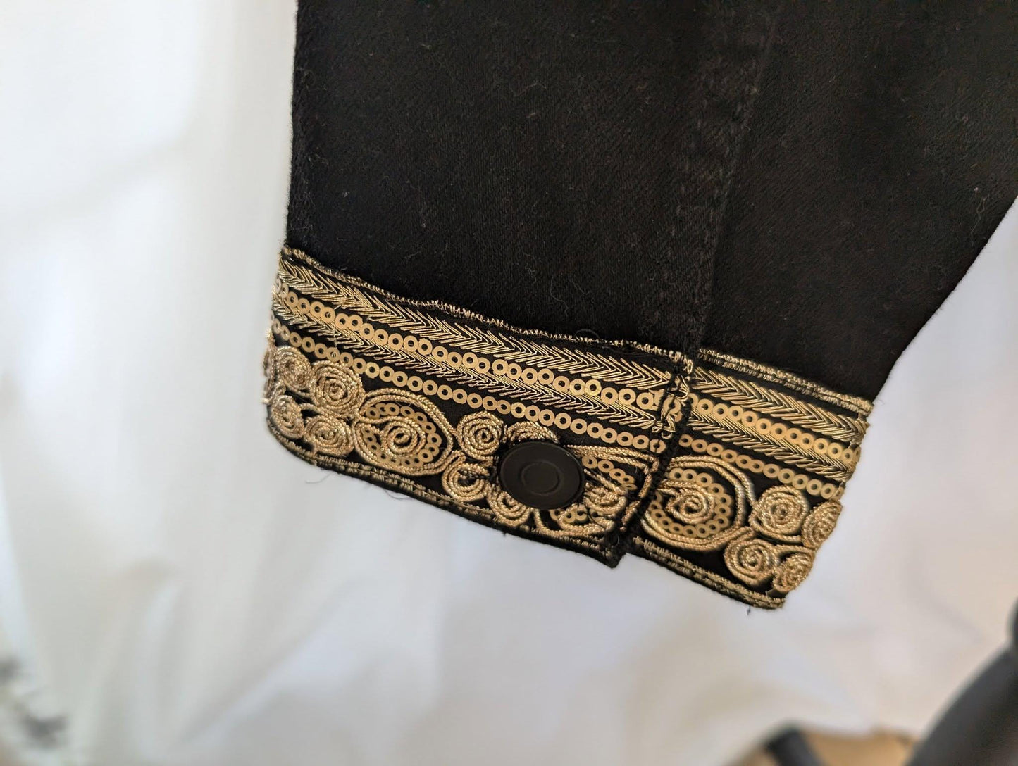 Custom XL Black Denim Jacket W/ Sequined Black Panther & Fancy Gold Trim Cuffs Collar