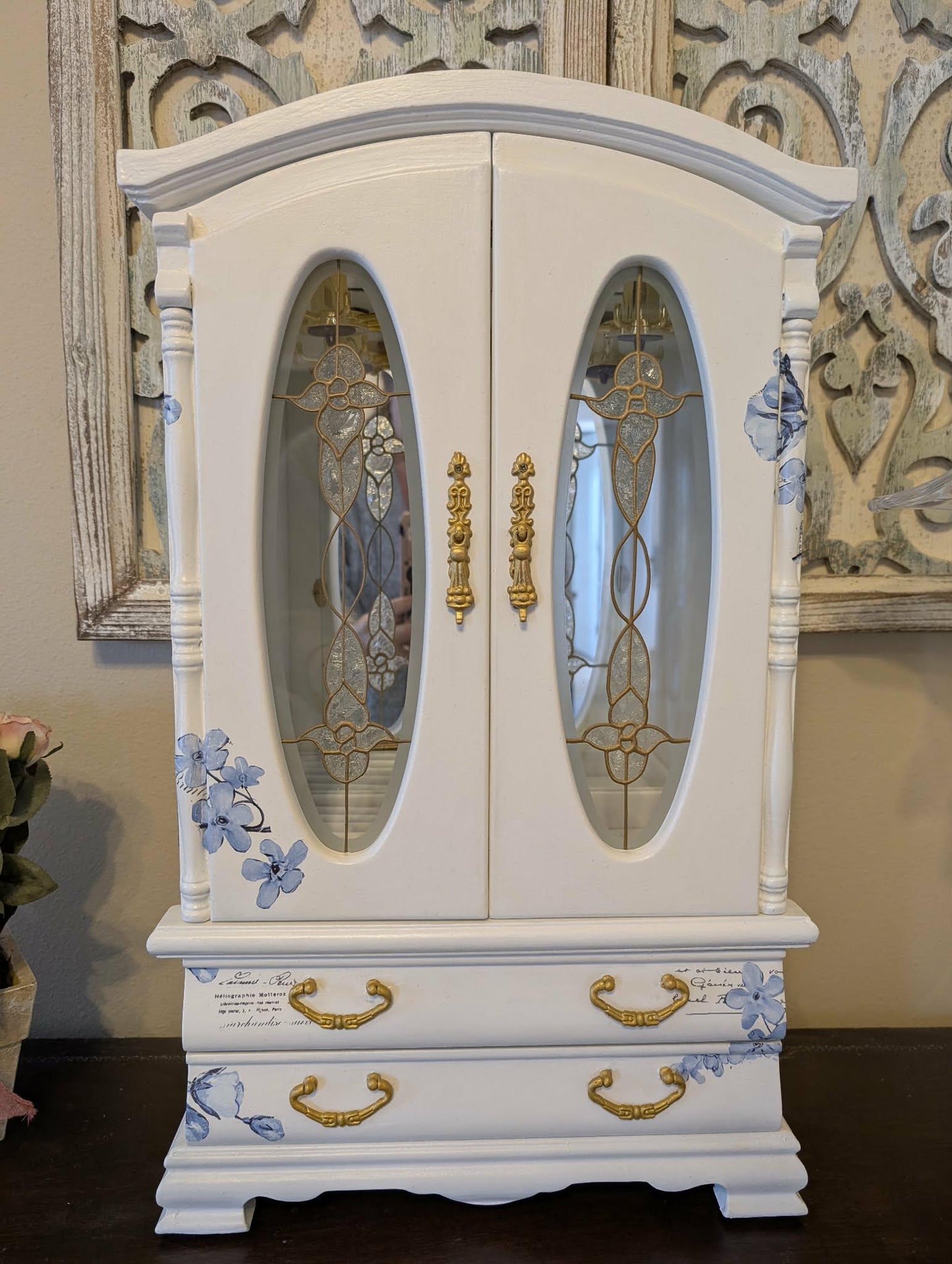 Vintage Custom Hand Painted French Country Tabletop Blue, White & Gold XL Jewelry Box