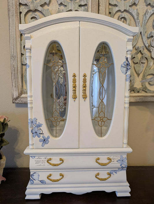 Vintage Custom Hand Painted French Country Tabletop Blue, White & Gold XL Jewelry Box