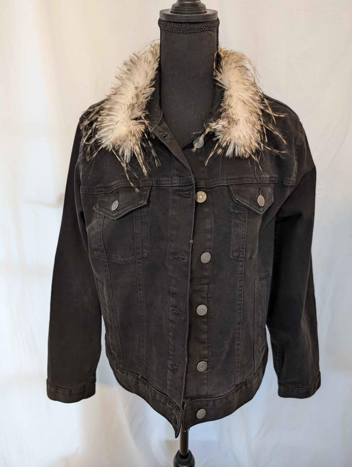 Custom Designed Denim Jacket W/ Embroidered Owl & Faux Fur Collar- One of a Kind!