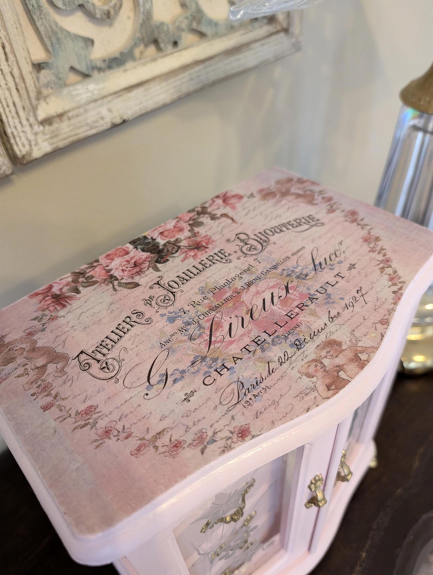 Vintage Custom Hand Painted Shabby Chic Tabletop Pink White & Gold Jewelry Box