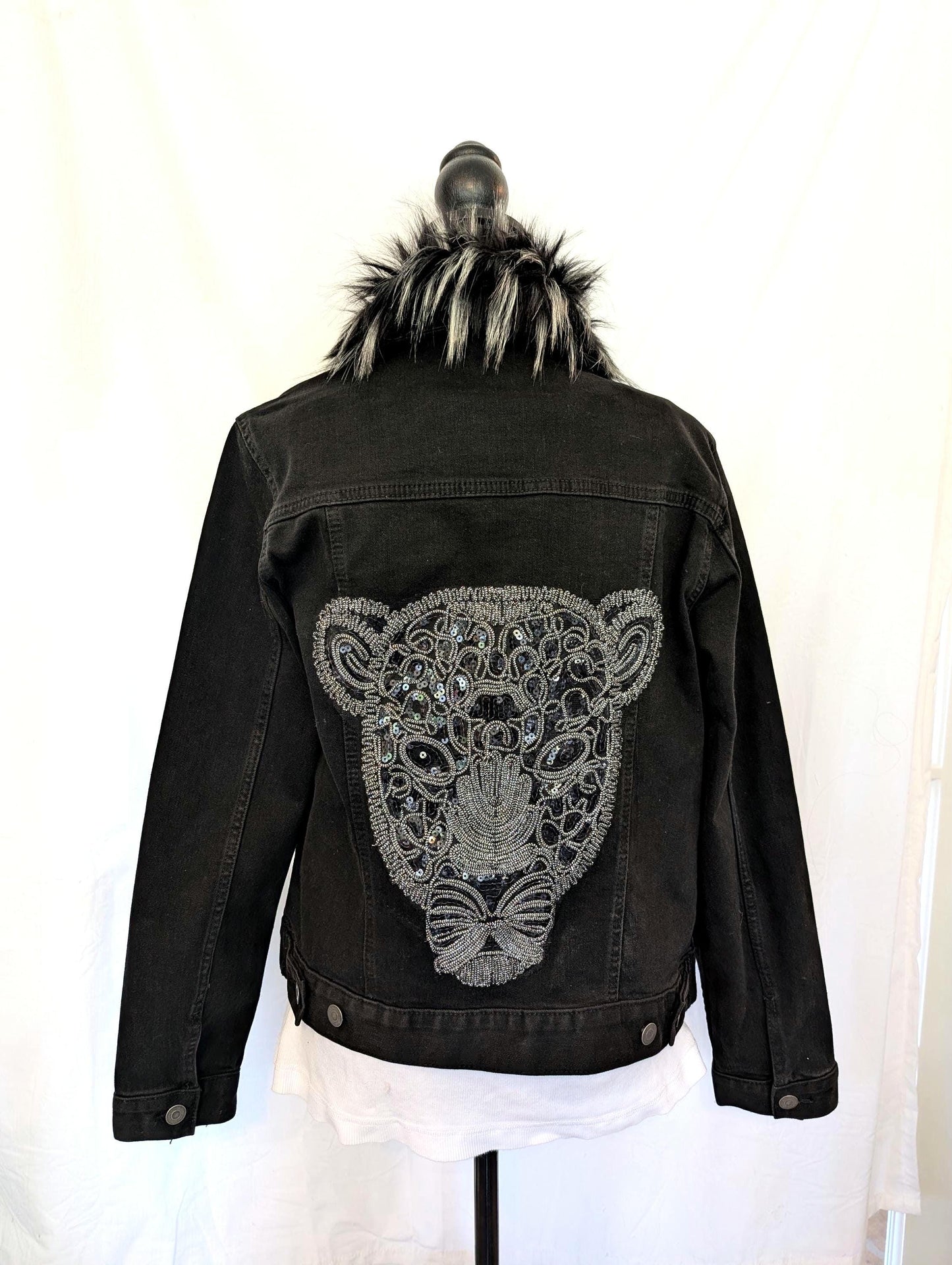 Custom Black Denim Jacket W/ Beaded and Sequins Black Panther & Faux Fur Collar