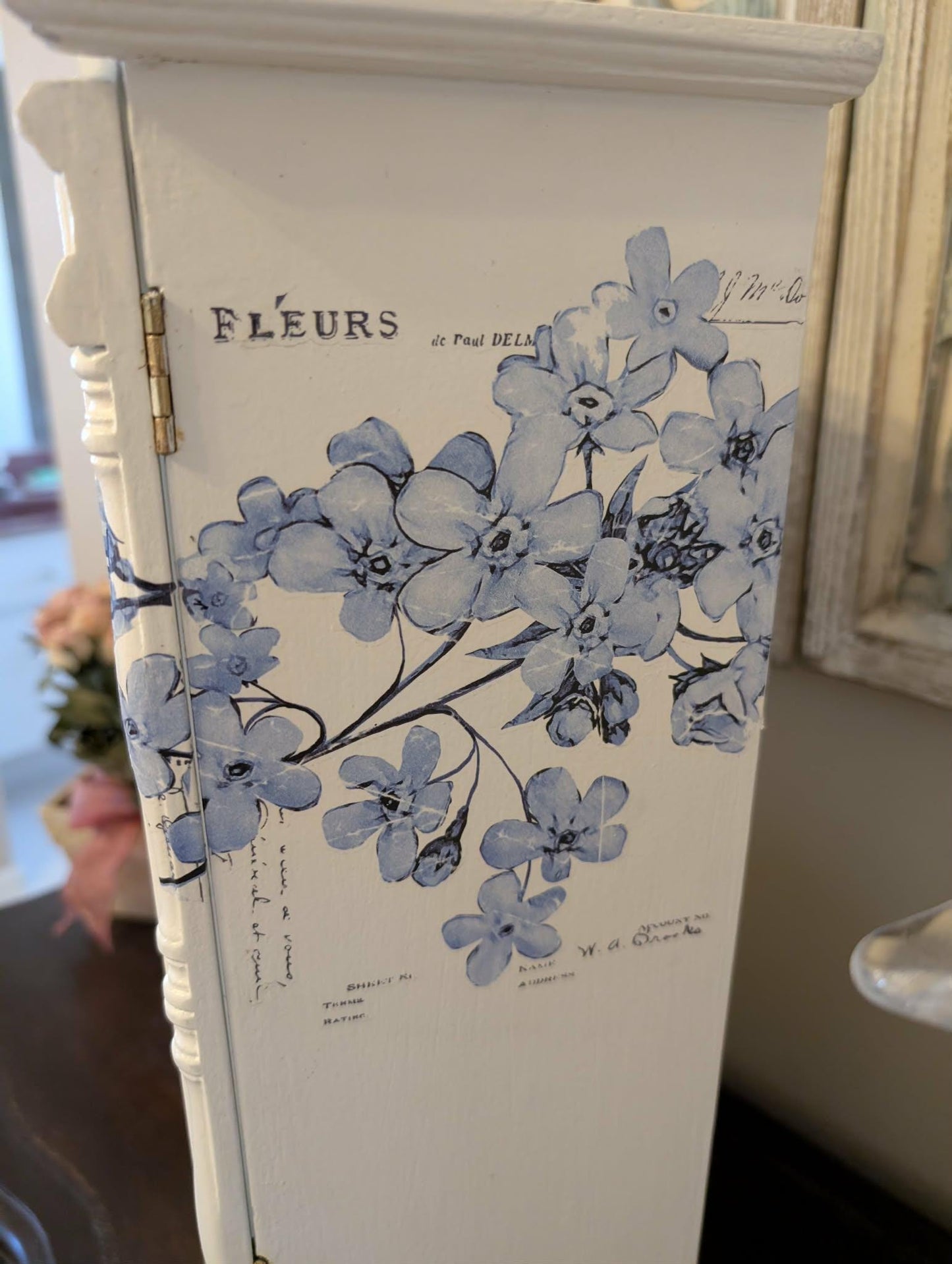 Vintage Custom Hand Painted French Country Tabletop Blue, White & Gold XL Jewelry Box