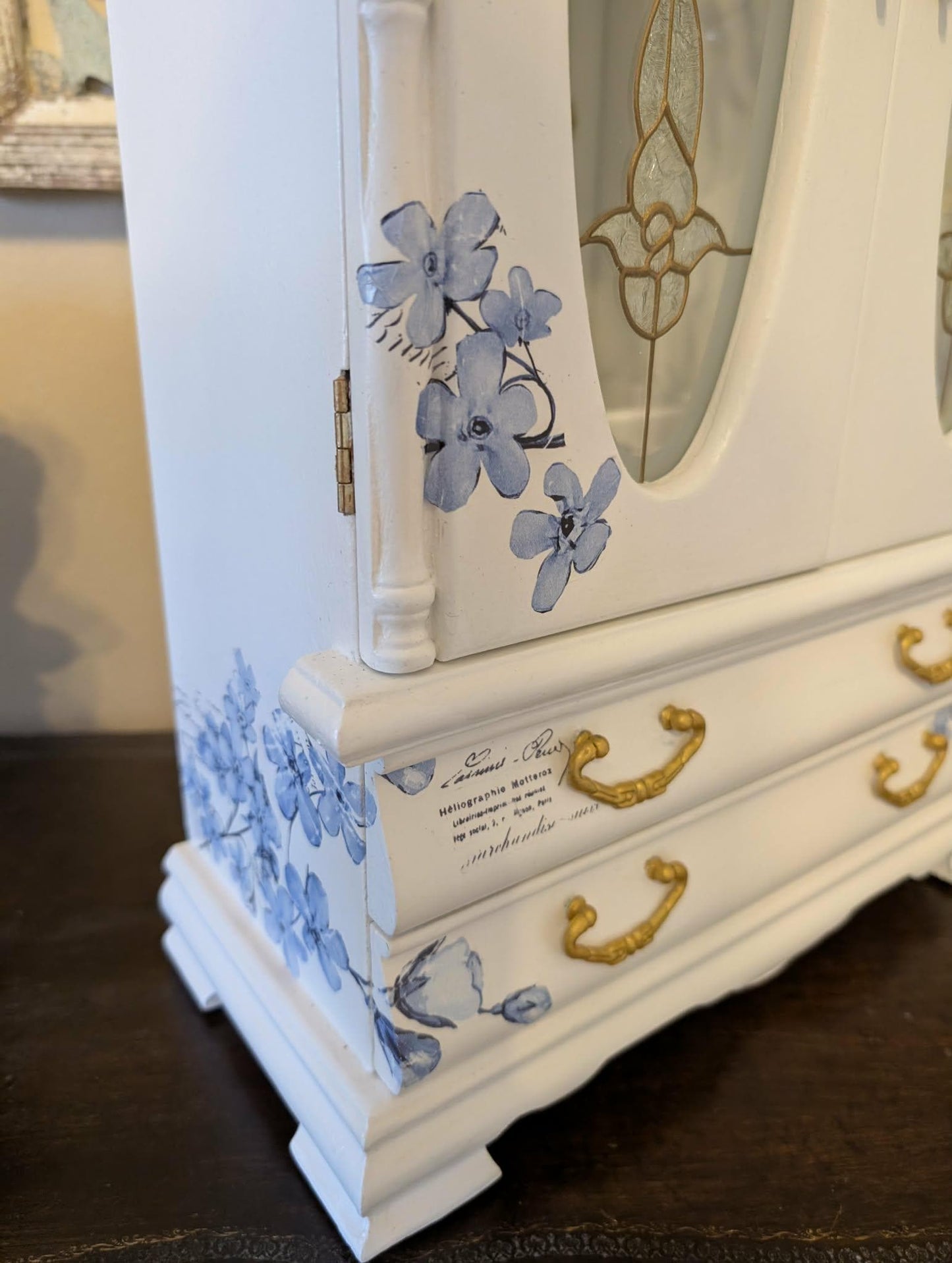 Vintage Custom Hand Painted French Country Tabletop Blue, White & Gold XL Jewelry Box