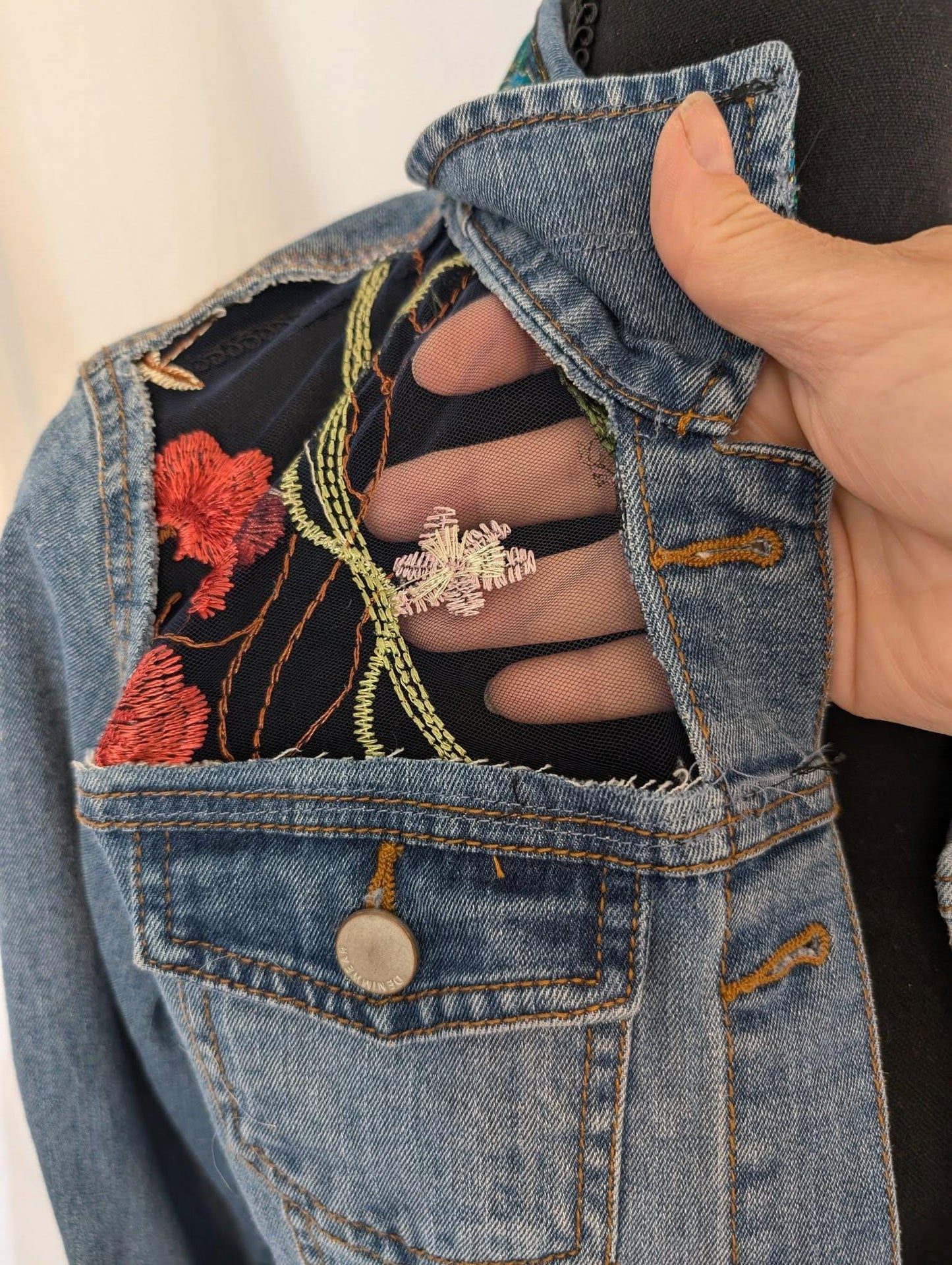 Custom Designed Denim Jacket Floral Design on Embroidered Sheer Tule Cut Out Panels