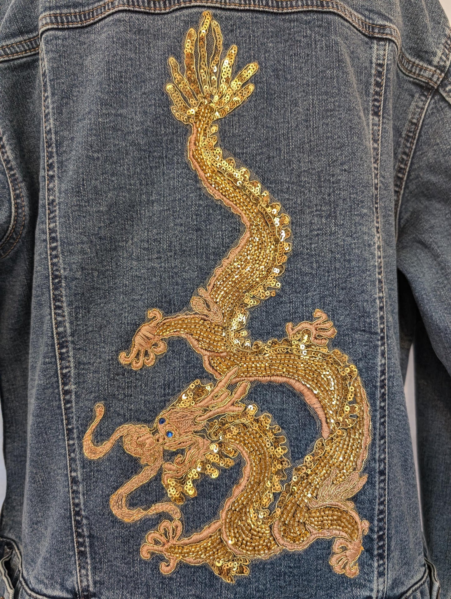 Custom Denim Jacket W/ Beaded and Sequins Gold Chinese Dragon