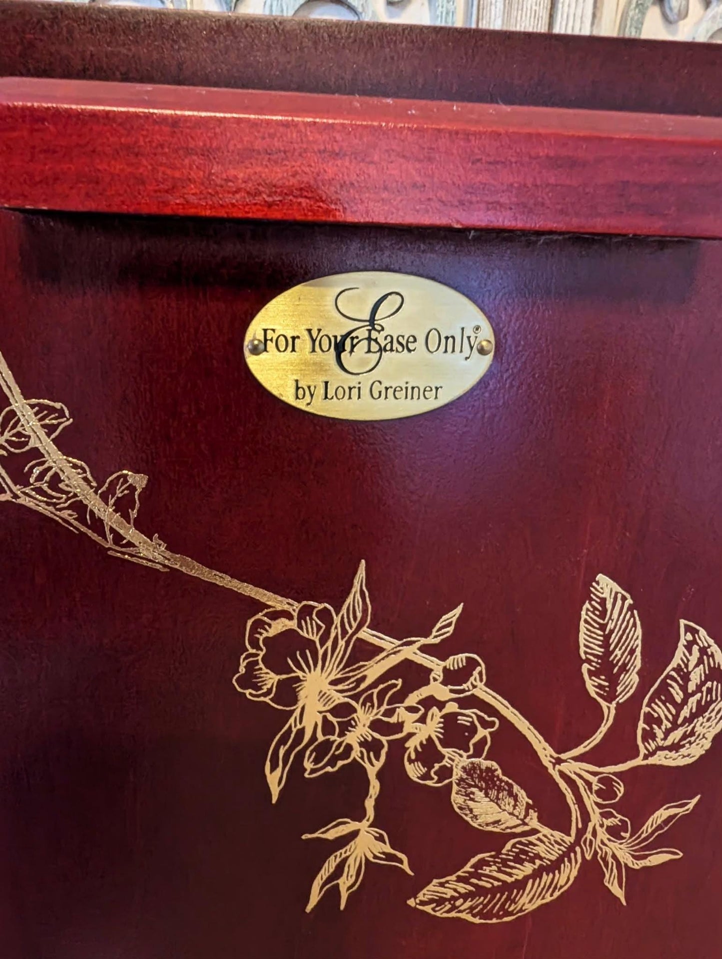 Vintage Lori Greiner Cherry Jewelry Box: Metallic Gold Bird Floral Design, Extra Large