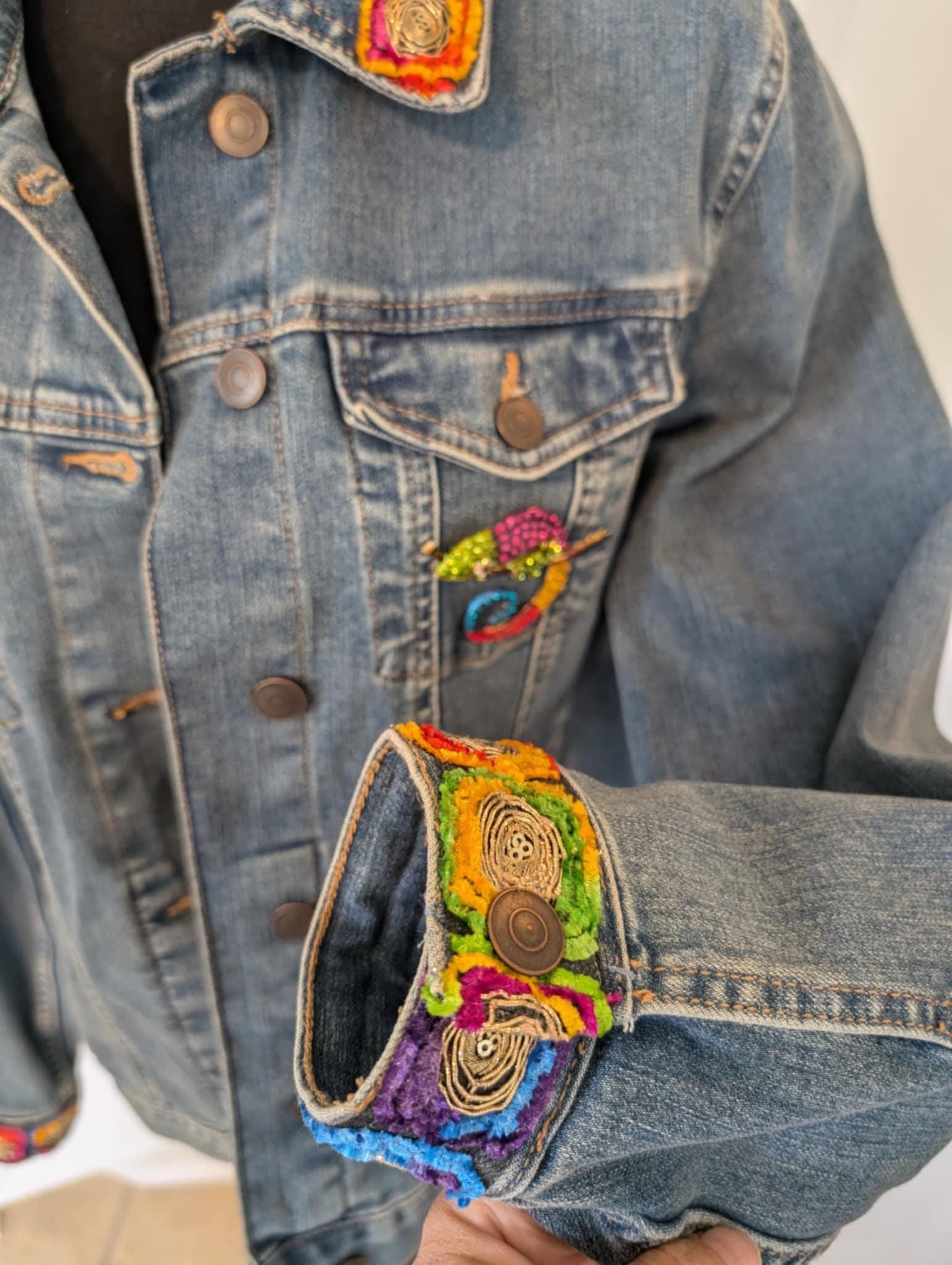 Custom Denim Jacket, Size L, Rhinestone Chameleon Brooch