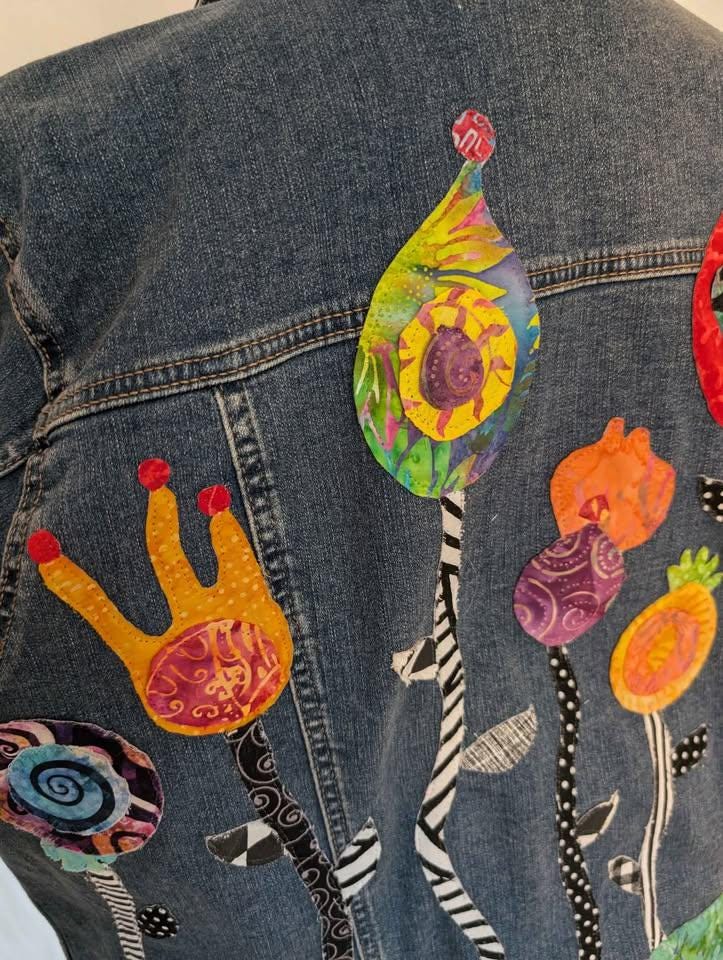 Custom Designed Denim Jacket W/ Colorful Raw Edge Applique Flowers - One of a Kind!