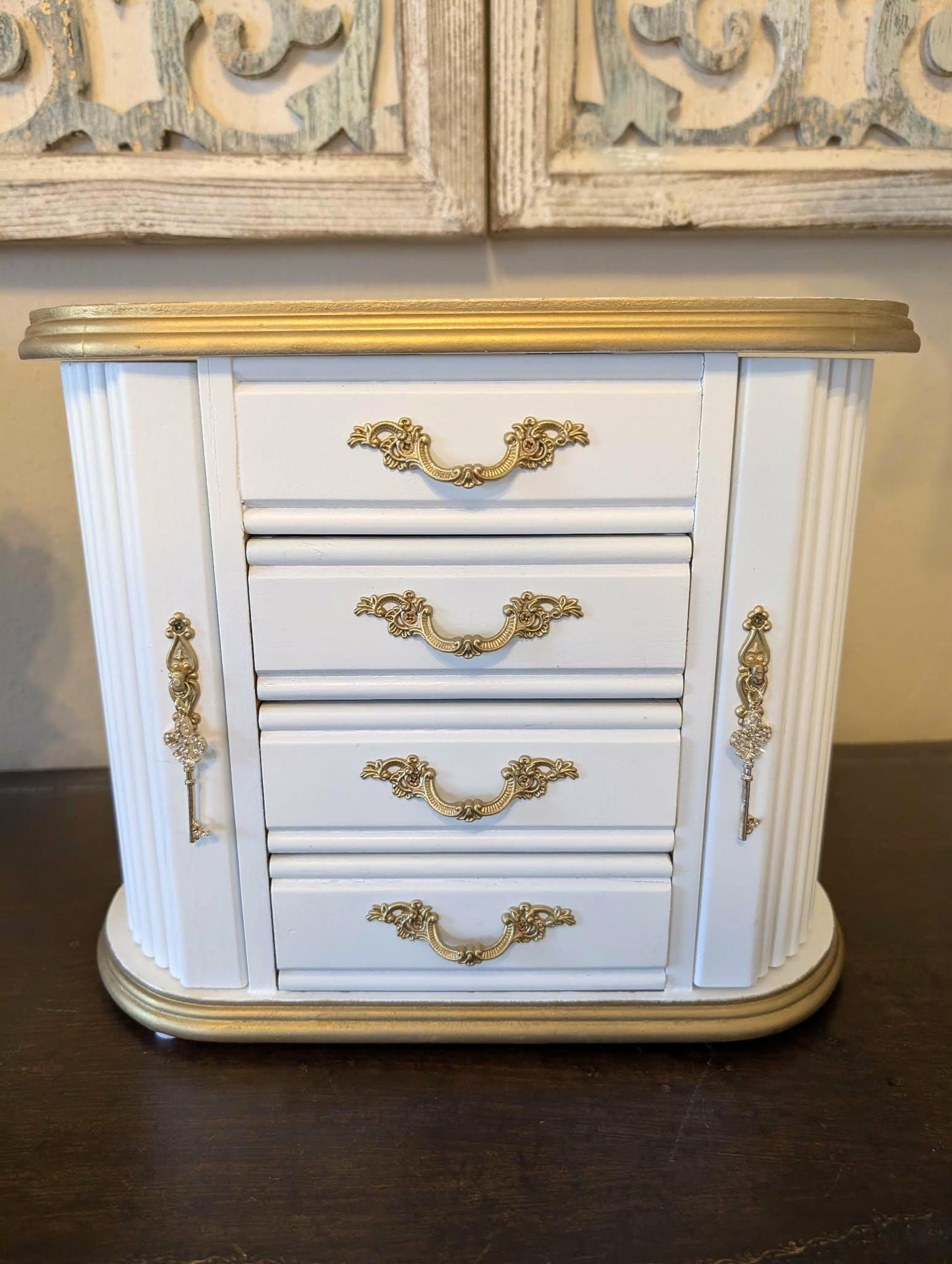 One of a Kind Custom Hand Painted Tabletop White & Gold Jewelry Box