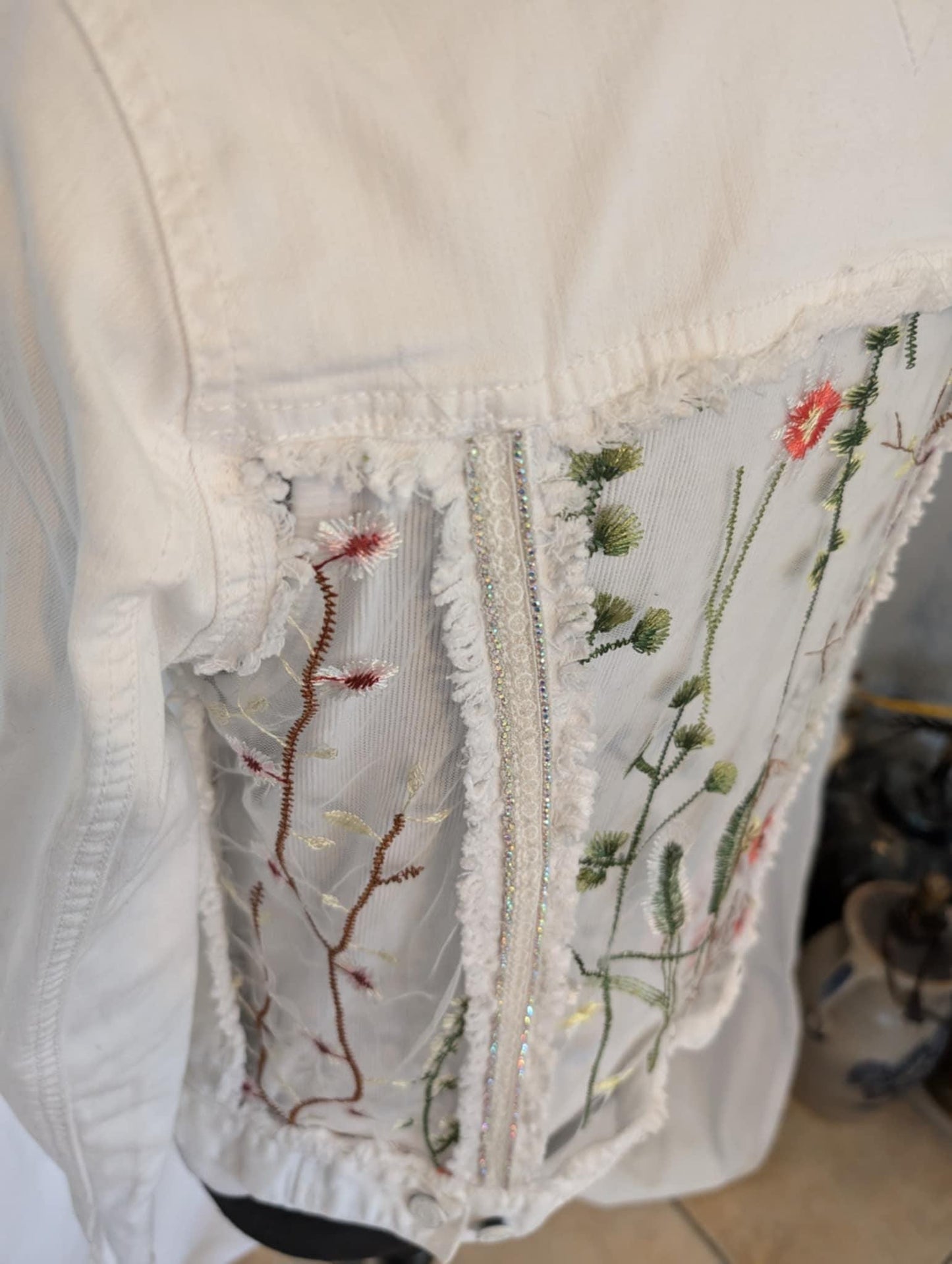 Vintage Tommy Hilfiger Denim Jacket, Embroidered Floral Tulle, Rhinestone Trim