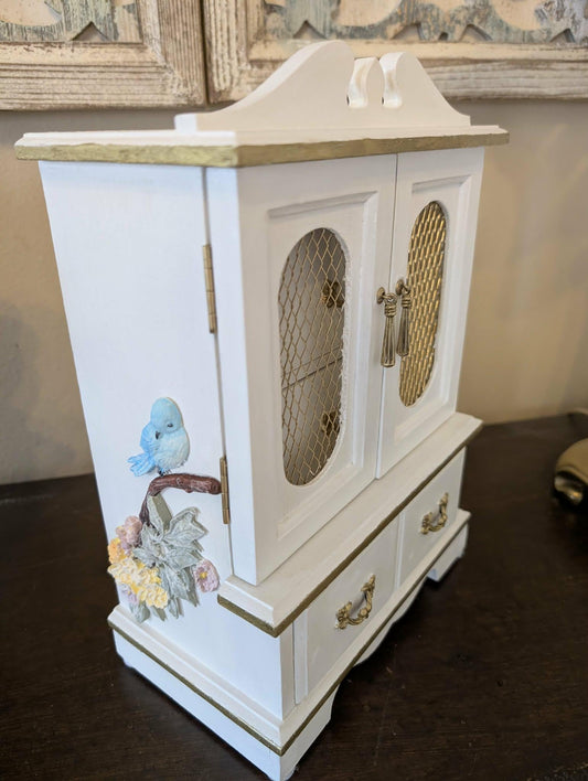 Vintage Custom Hand Painted Shabby Chic Tabletop Birds White & Gold Jewelry Box