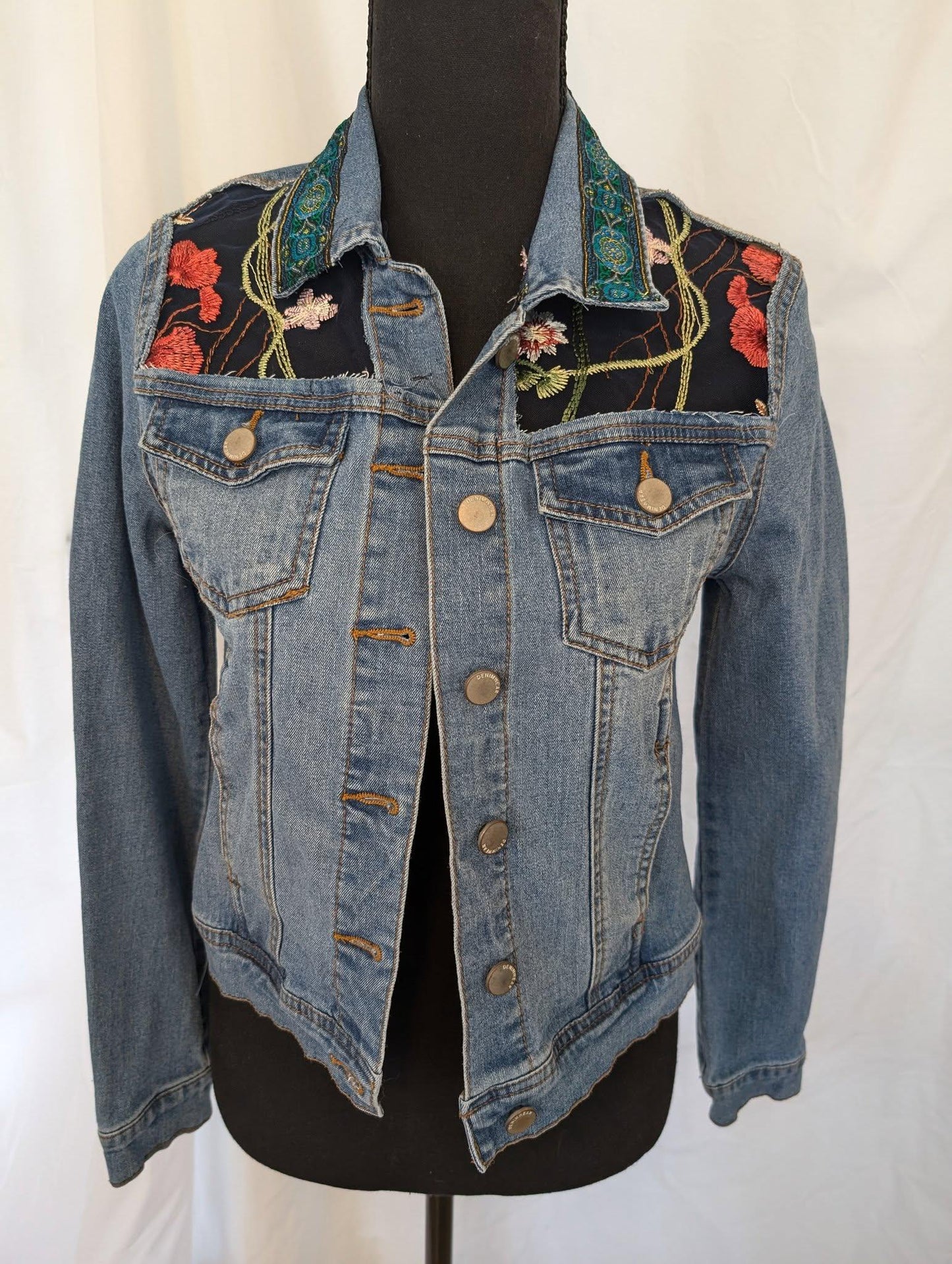 Custom Designed Denim Jacket Floral Design on Embroidered Sheer Tule Cut Out Panels
