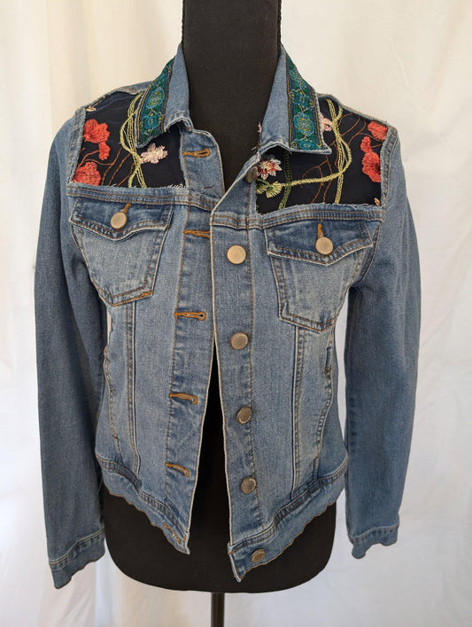 Custom Designed Denim Jacket Floral Design on Embroidered Sheer Tule Cut Out Panels