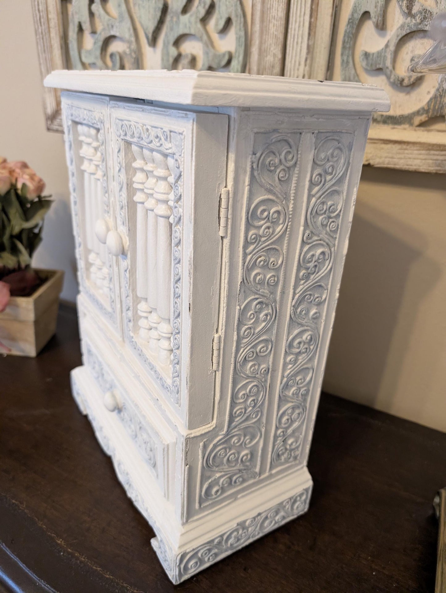 Vintage One of a Kind Hand Painted Shabby Chic Boho Jewelry Box Armoire