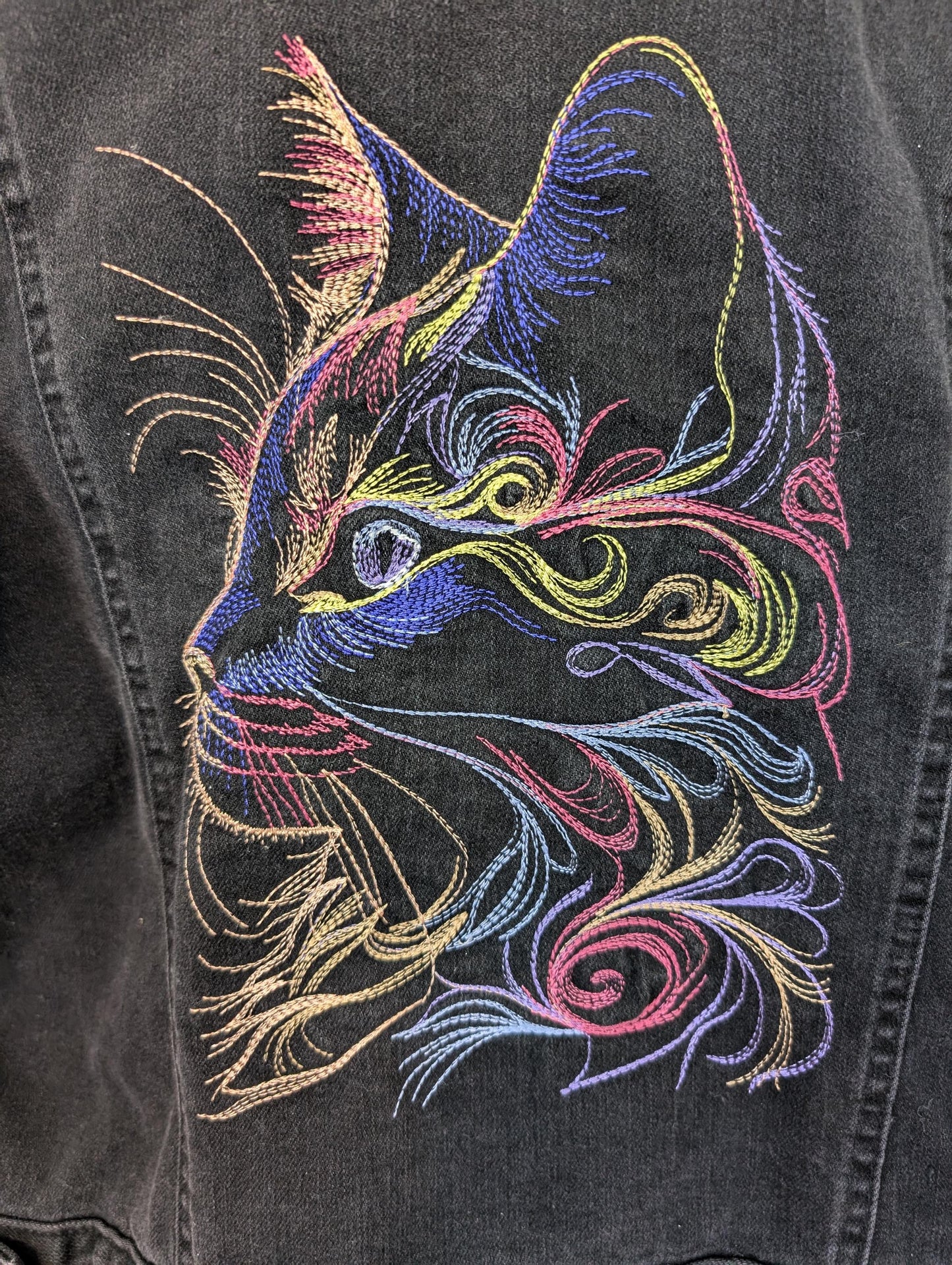 Custom Designed Denim Jacket W/ Embroidered Cat & Removable Faux Fur Collar- One of a Kind!