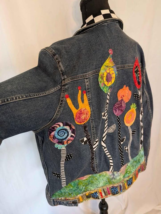 Custom Designed Denim Jacket W/ Colorful Raw Edge Applique Flowers - One of a Kind!