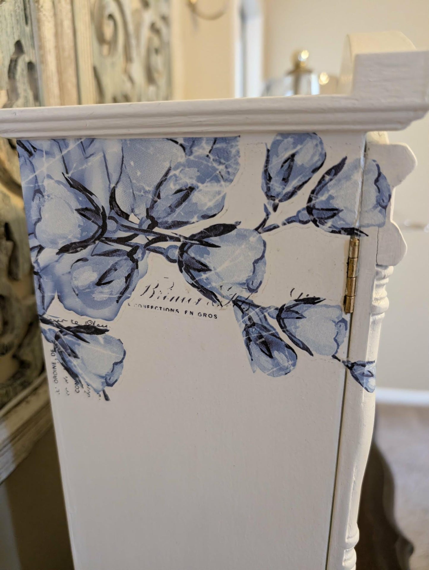 Vintage Custom Hand Painted French Country Tabletop Blue, White & Gold XL Jewelry Box