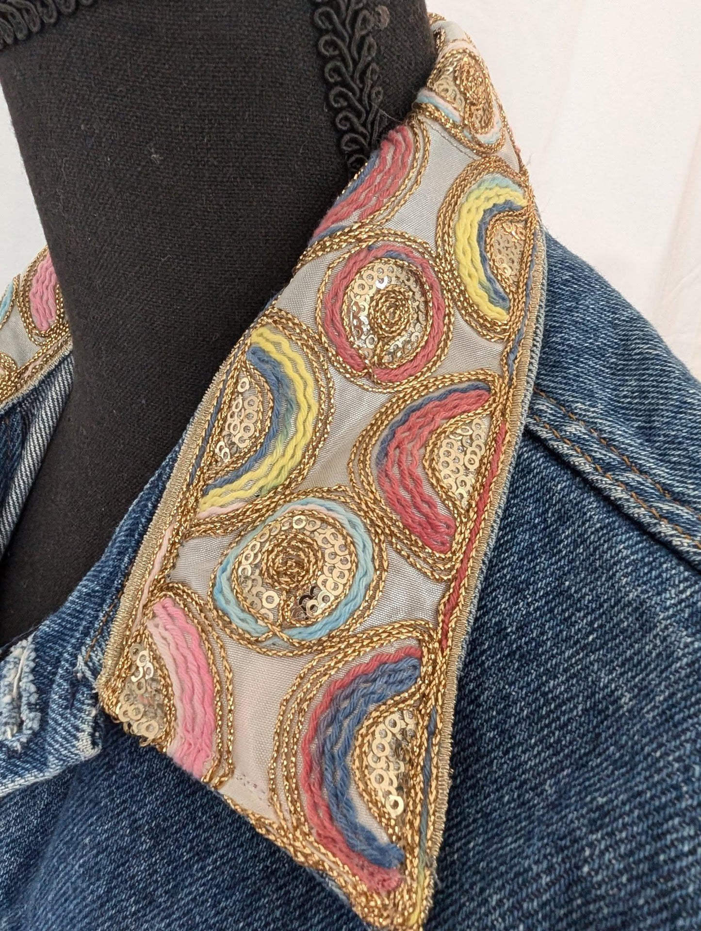 Custom Designed Denim Jacket W/ Colorful Embroidered Sugar Skull & Sequin Trim