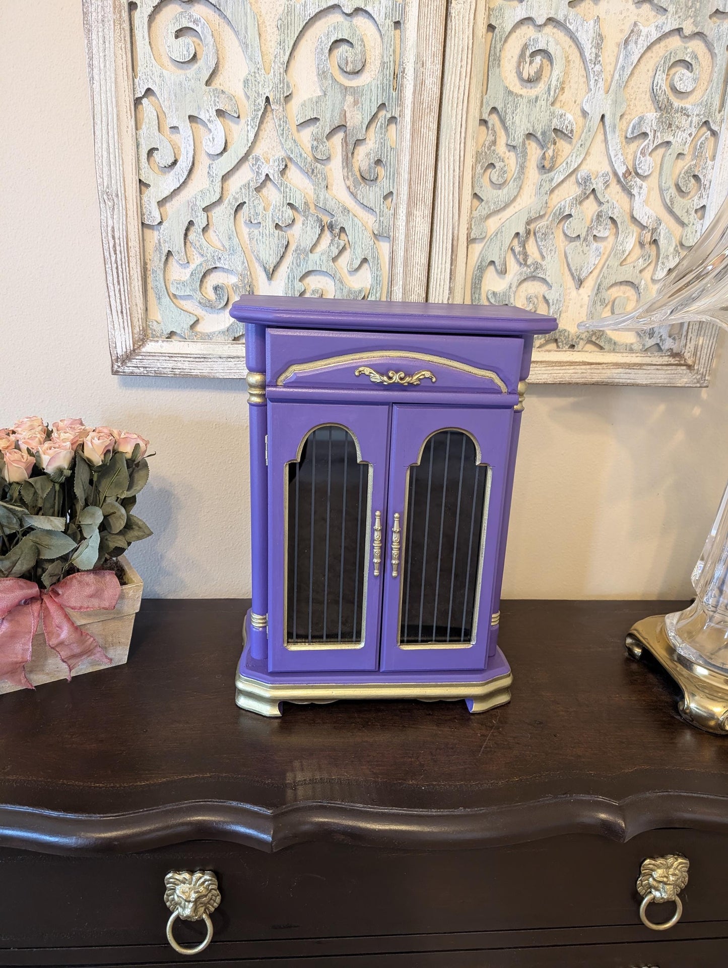 Vintage Custom One of a Kind Hand Painted Tabletop Purple & Gold Large Jewelry Box