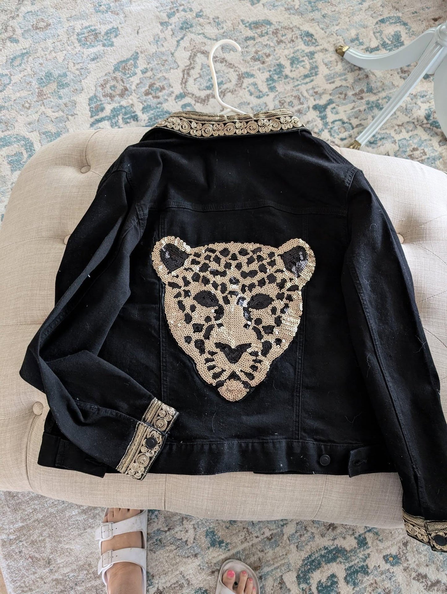 Custom XL Black Denim Jacket W/ Sequined Black Panther & Fancy Gold Trim Cuffs Collar