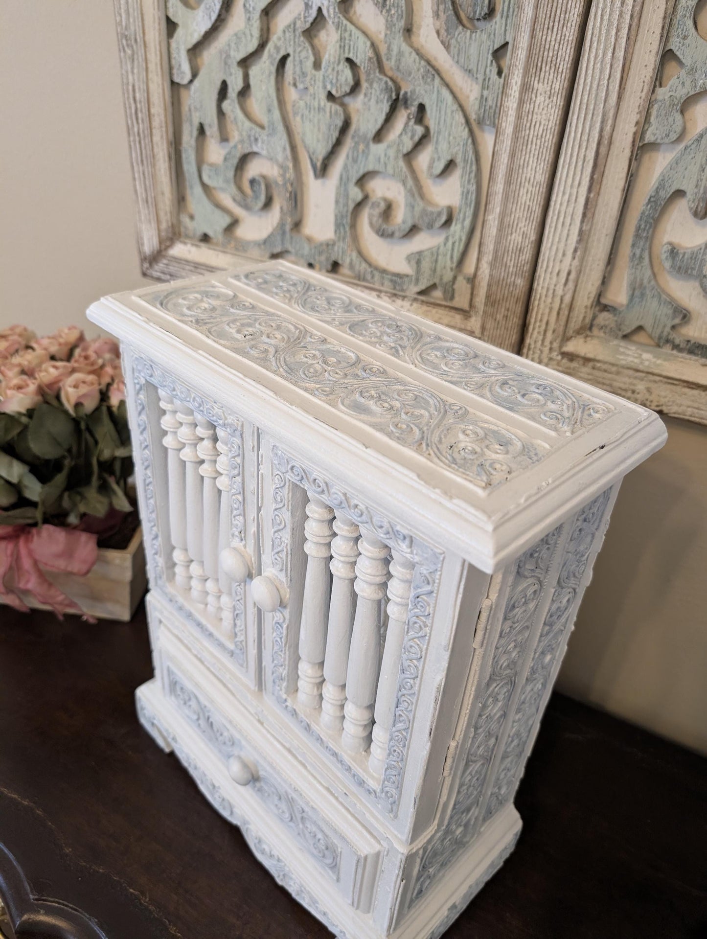 Vintage One of a Kind Hand Painted Shabby Chic Boho Jewelry Box Armoire