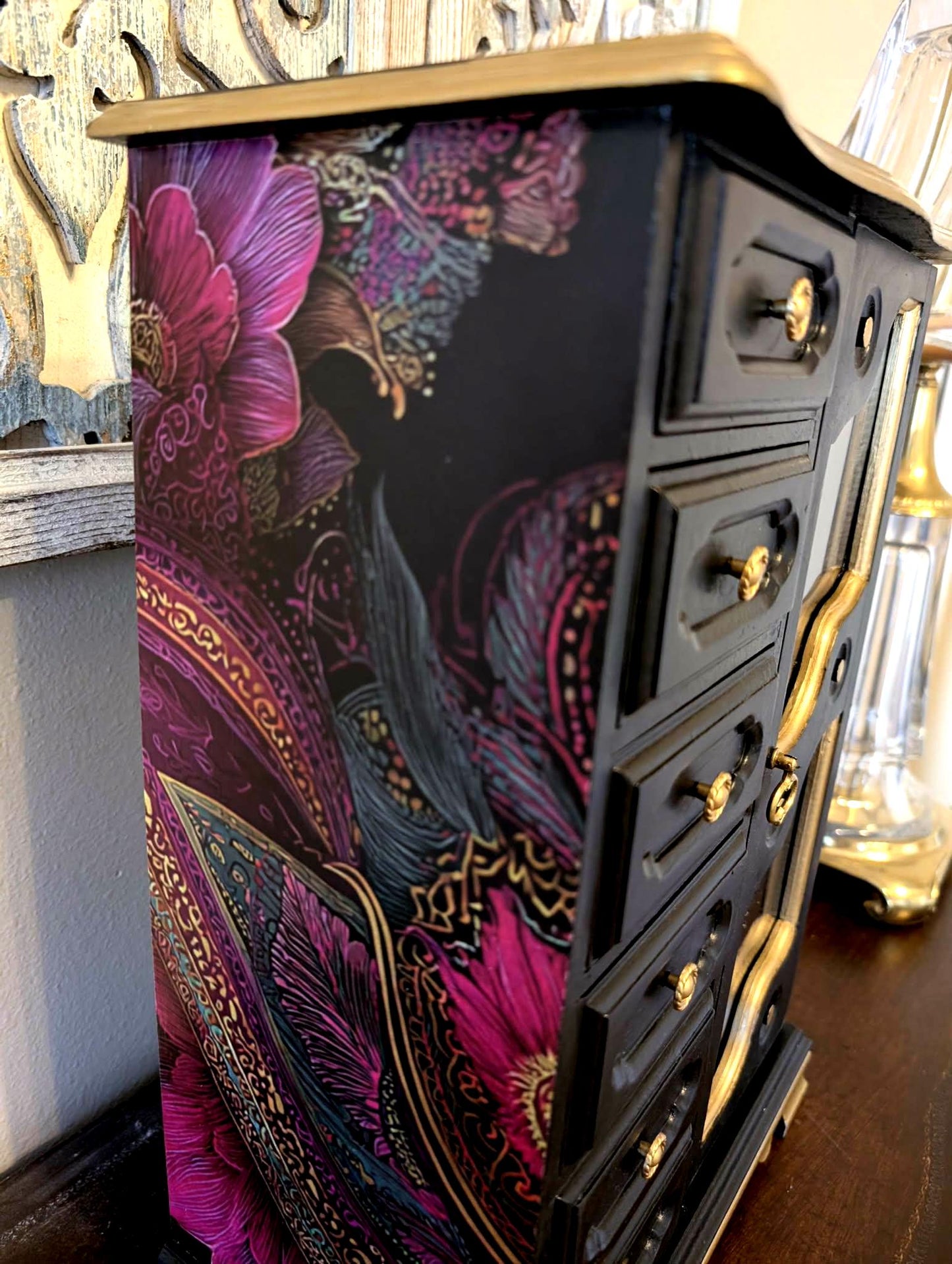 Vintage One of a Kind Boho Bohemian Tabletop Black & Paisley XL Jewelry Box