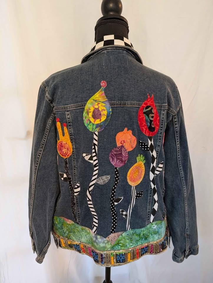 Custom Designed Denim Jacket W/ Colorful Raw Edge Applique Flowers - One of a Kind!