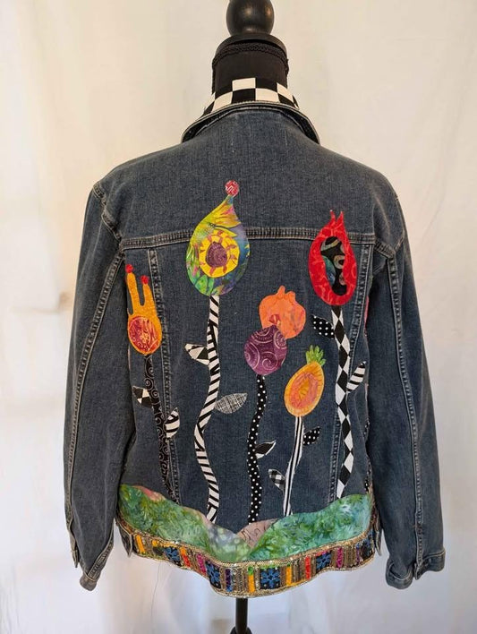 Custom Designed Denim Jacket W/ Colorful Raw Edge Applique Flowers - One of a Kind!