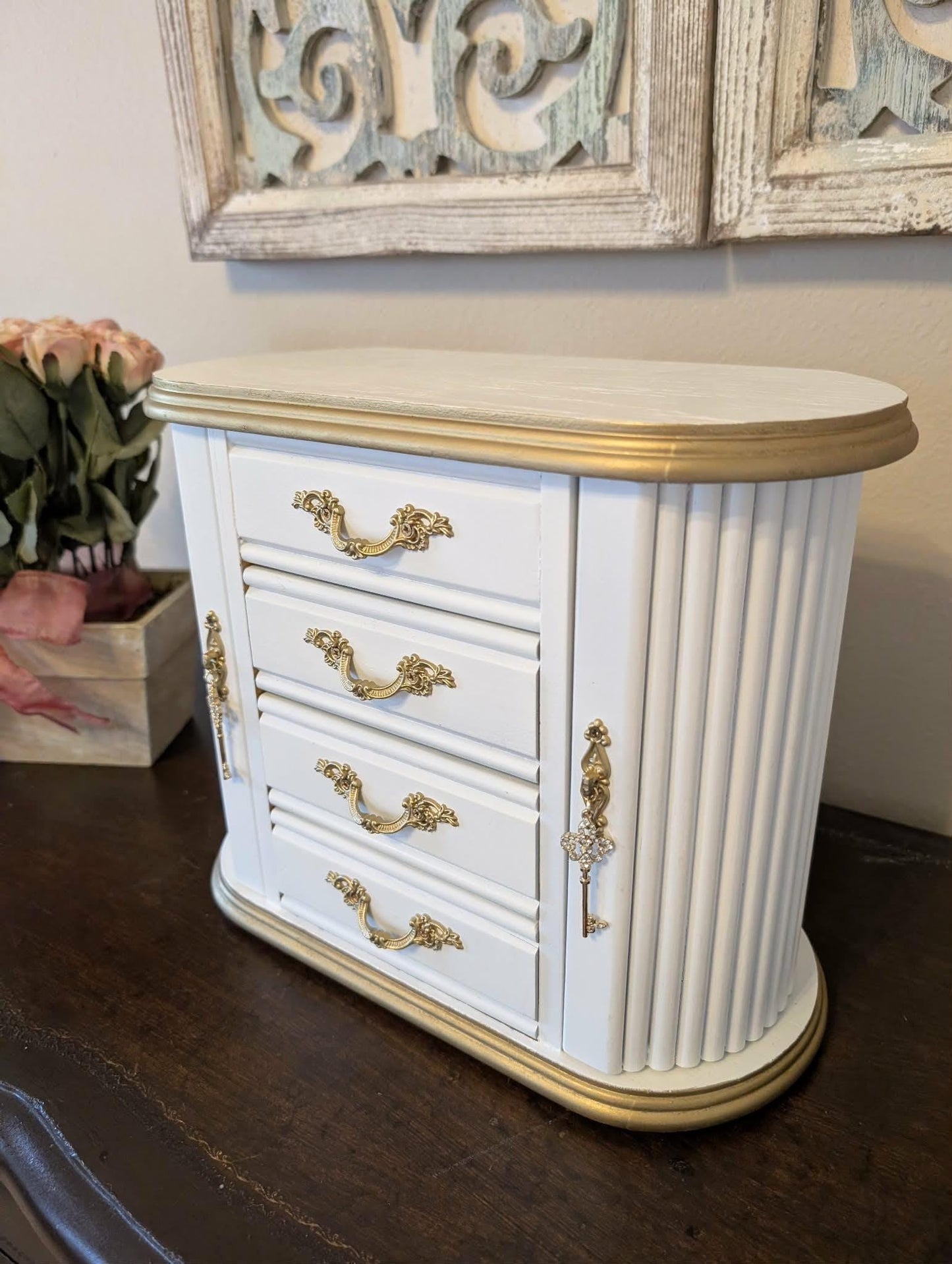 One of a Kind Custom Hand Painted Tabletop White & Gold Jewelry Box