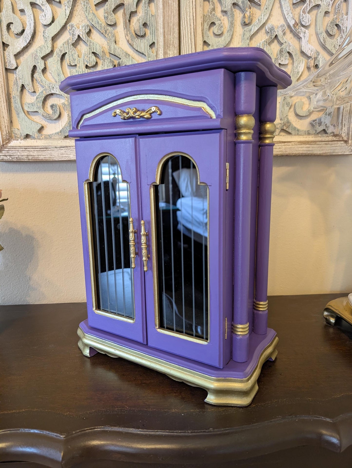 Vintage Custom One of a Kind Hand Painted Tabletop Purple & Gold Large Jewelry Box