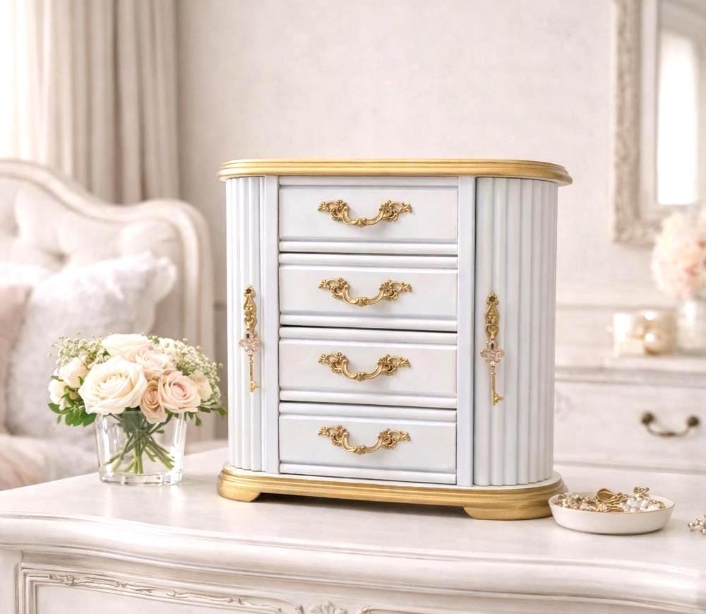One of a Kind Custom Hand Painted Tabletop White & Gold Jewelry Box