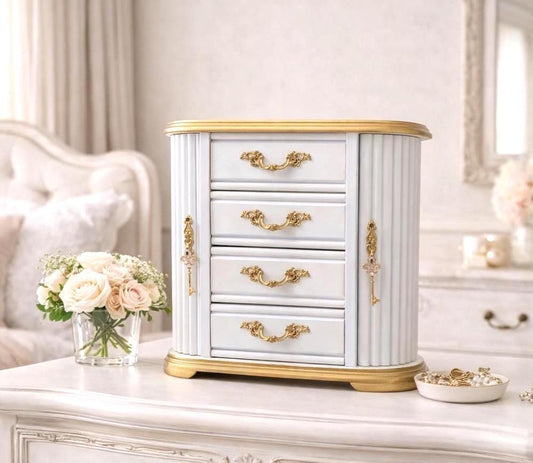 One of a Kind Custom Hand Painted Tabletop White & Gold Jewelry Box