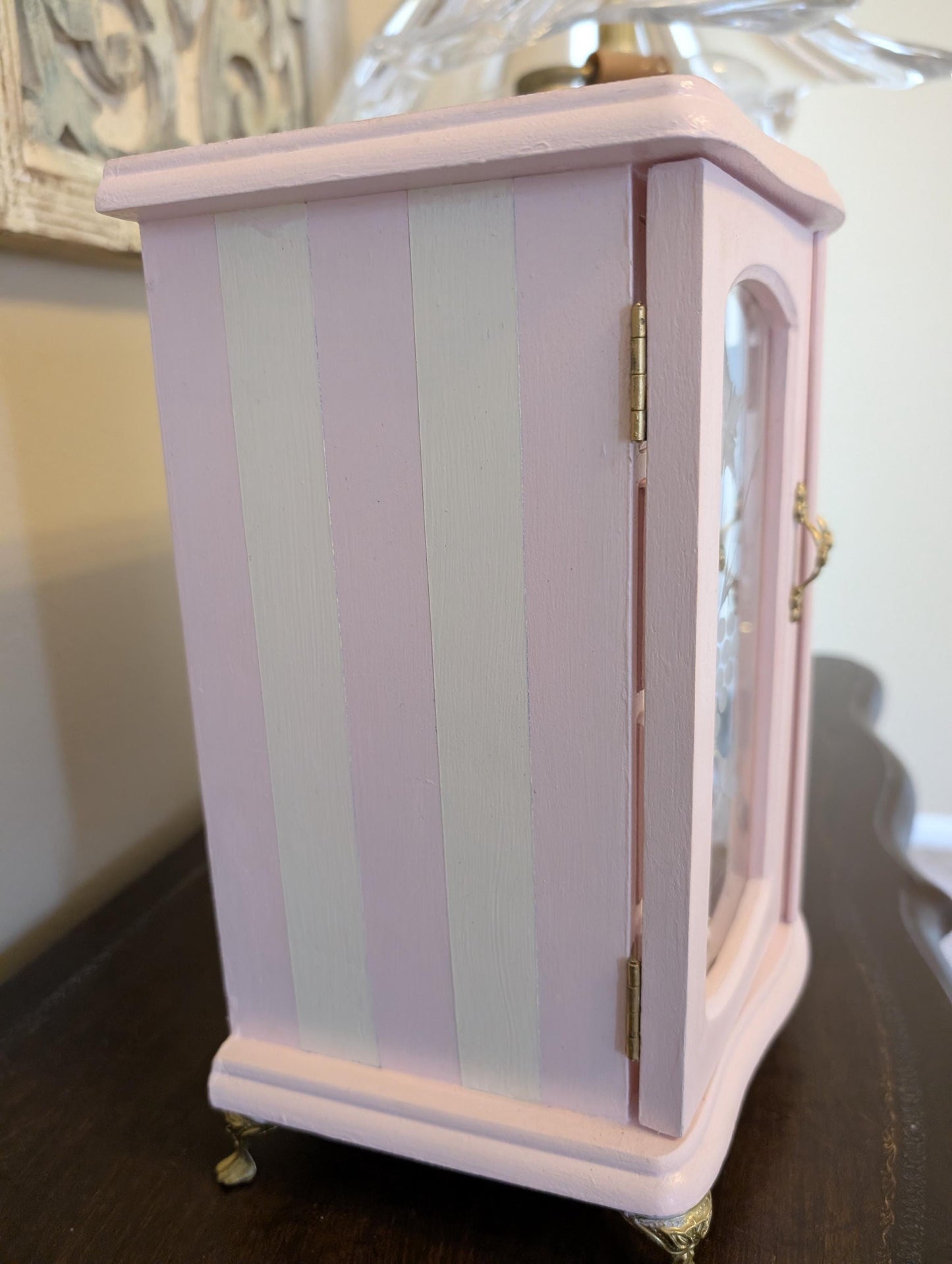 Vintage Custom Hand Painted Shabby Chic Tabletop Pink White & Gold Jewelry Box