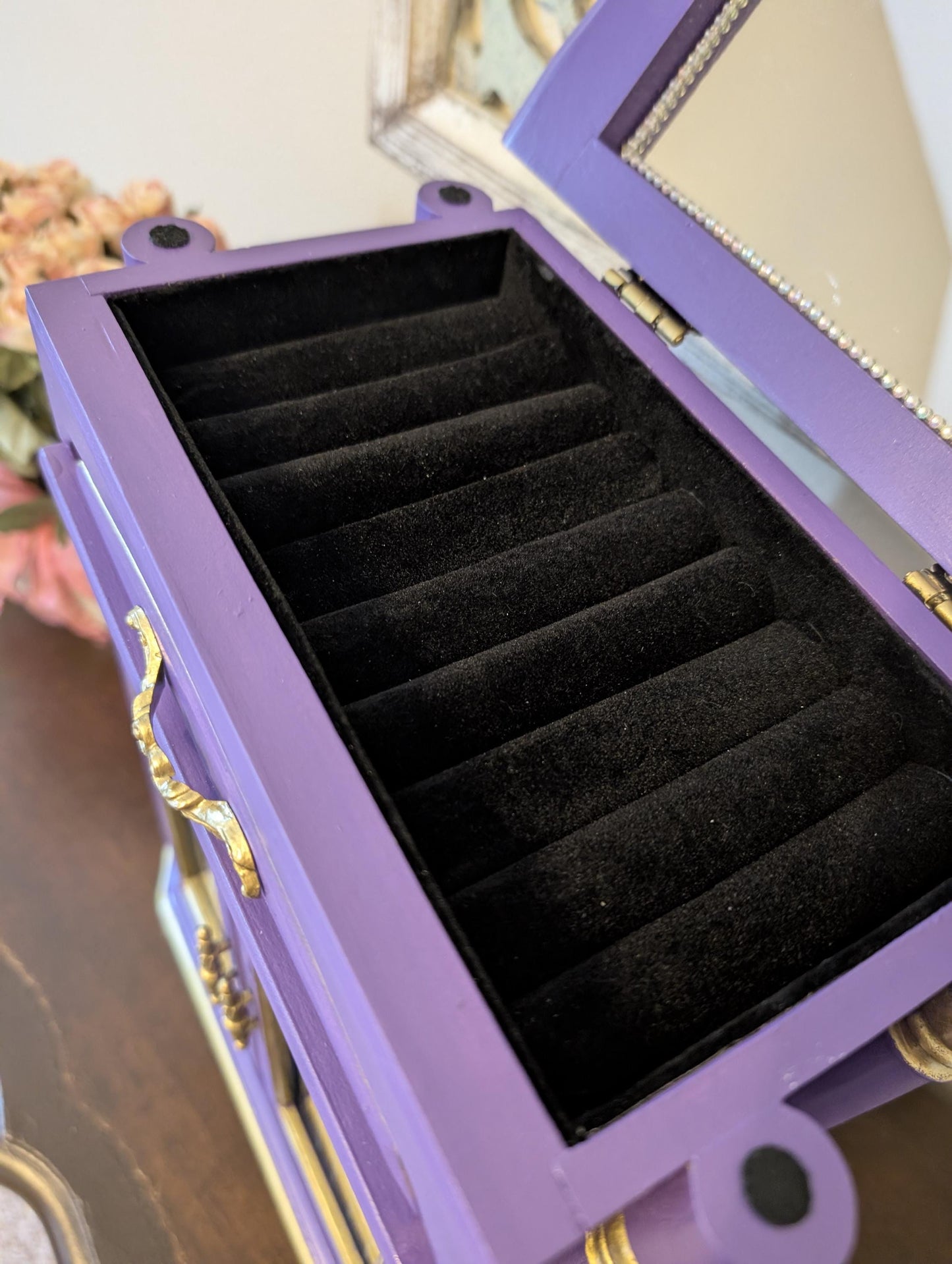 Vintage Custom One of a Kind Hand Painted Tabletop Purple & Gold Large Jewelry Box
