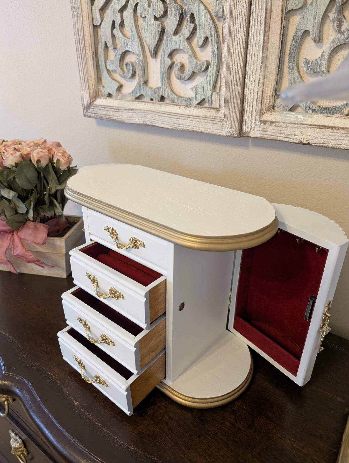 One of a Kind Custom Hand Painted Tabletop White & Gold Jewelry Box