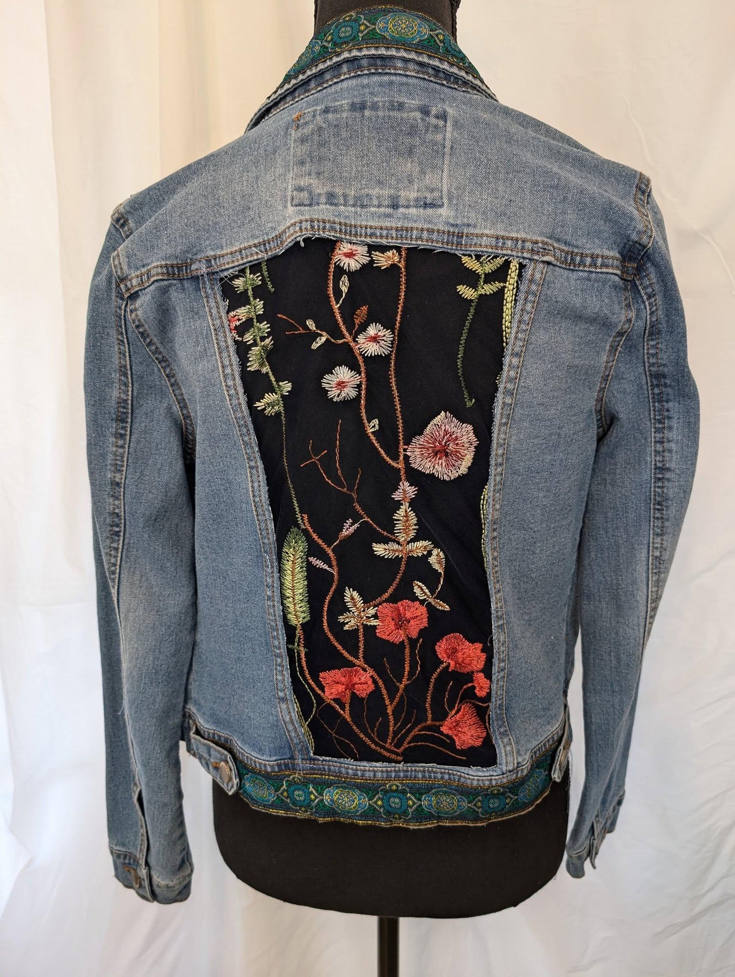 Custom Designed Denim Jacket Floral Design on Embroidered Sheer Tule Cut Out Panels