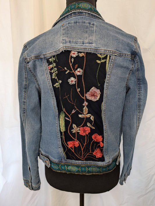 Custom Designed Denim Jacket Floral Design on Embroidered Sheer Tule Cut Out Panels
