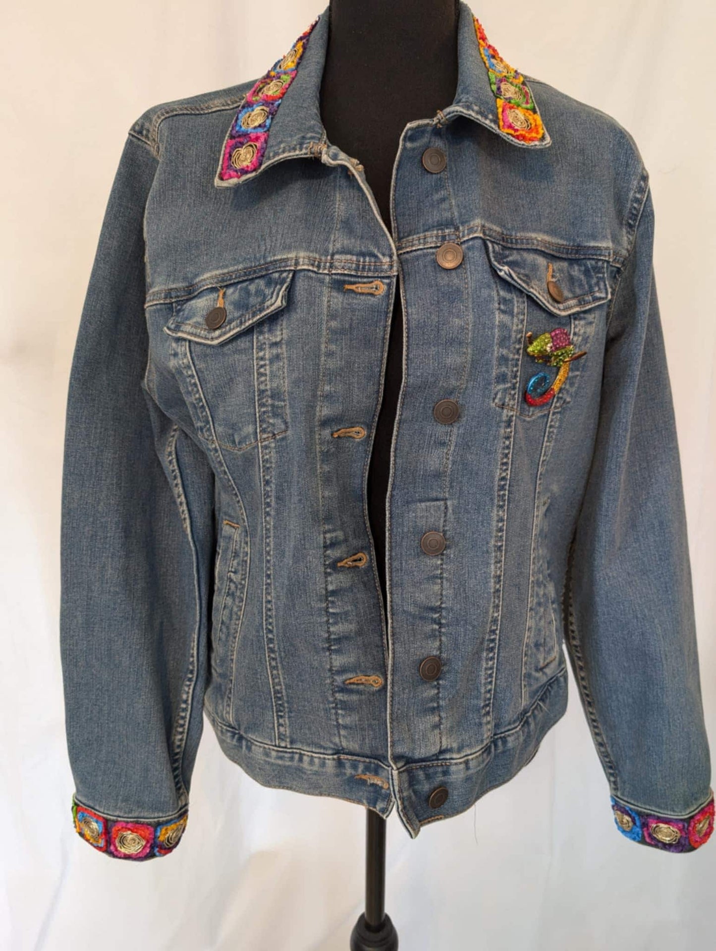 Custom Denim Jacket, Size L, Rhinestone Chameleon Brooch