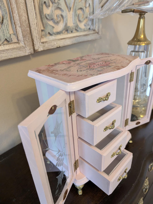 Vintage Custom Hand Painted Shabby Chic Tabletop Pink White & Gold Jewelry Box