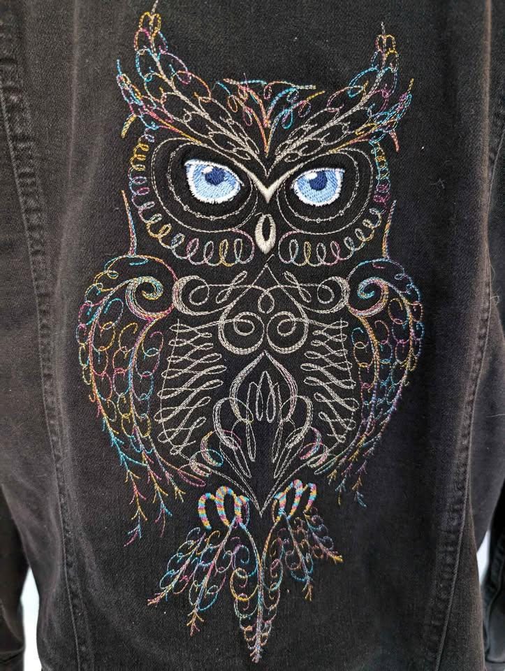 Custom Designed Denim Jacket W/ Embroidered Owl & Faux Fur Collar- One of a Kind!