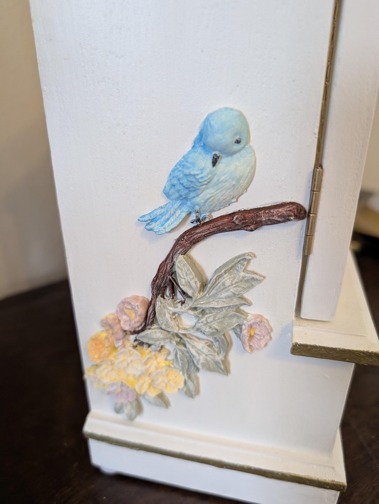 Vintage Custom Hand Painted Shabby Chic Tabletop Birds White & Gold Jewelry Box